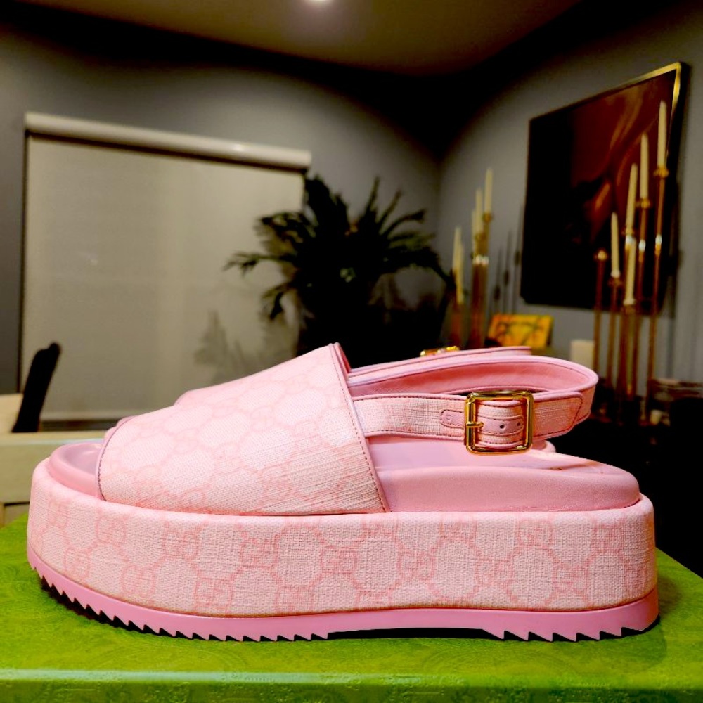 NEW Gucci Supreme Pink Monogram Coated Canvas & Leather Platform Sandal Size 37